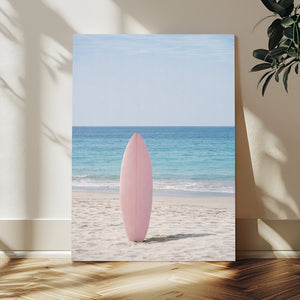 Pink Surfboard Canvas Wall Art, Minimalist Beach Photography