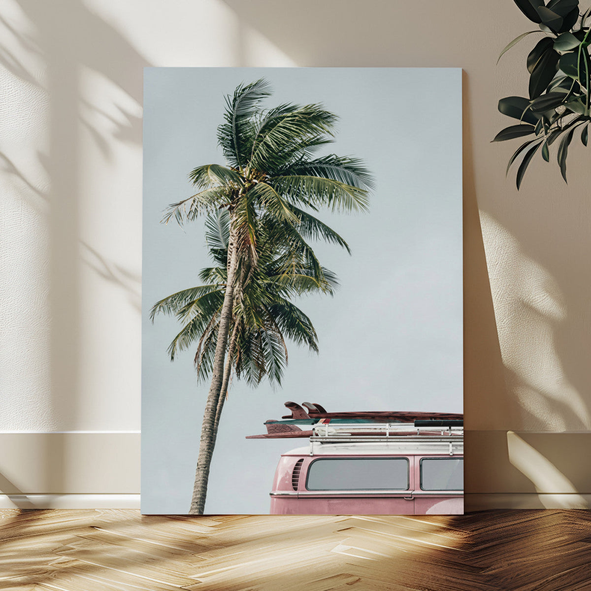 VW Van Palm Tree Canvas Wall Art, Pink Camper Surfboards