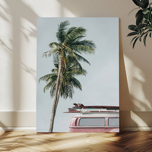 VW Van Palm Tree Canvas Wall Art, Pink Camper Surfboards