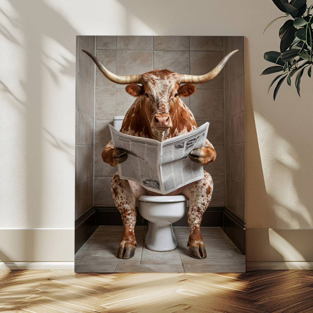 Funny Bathroom Canvas Wall Art, Texas Longhorn on Toilet