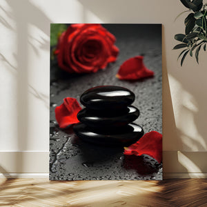 Black Lava Stone Rose Canvas | Red Rose Spa Photography