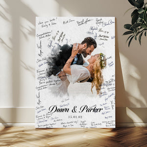 Wedding Guest Book Alternative Wall Art Canvas Print, Personalized Wedding Signature Poster, Custom Couple Photo Guestbook Canvas, Bridal Shower Reception Decor