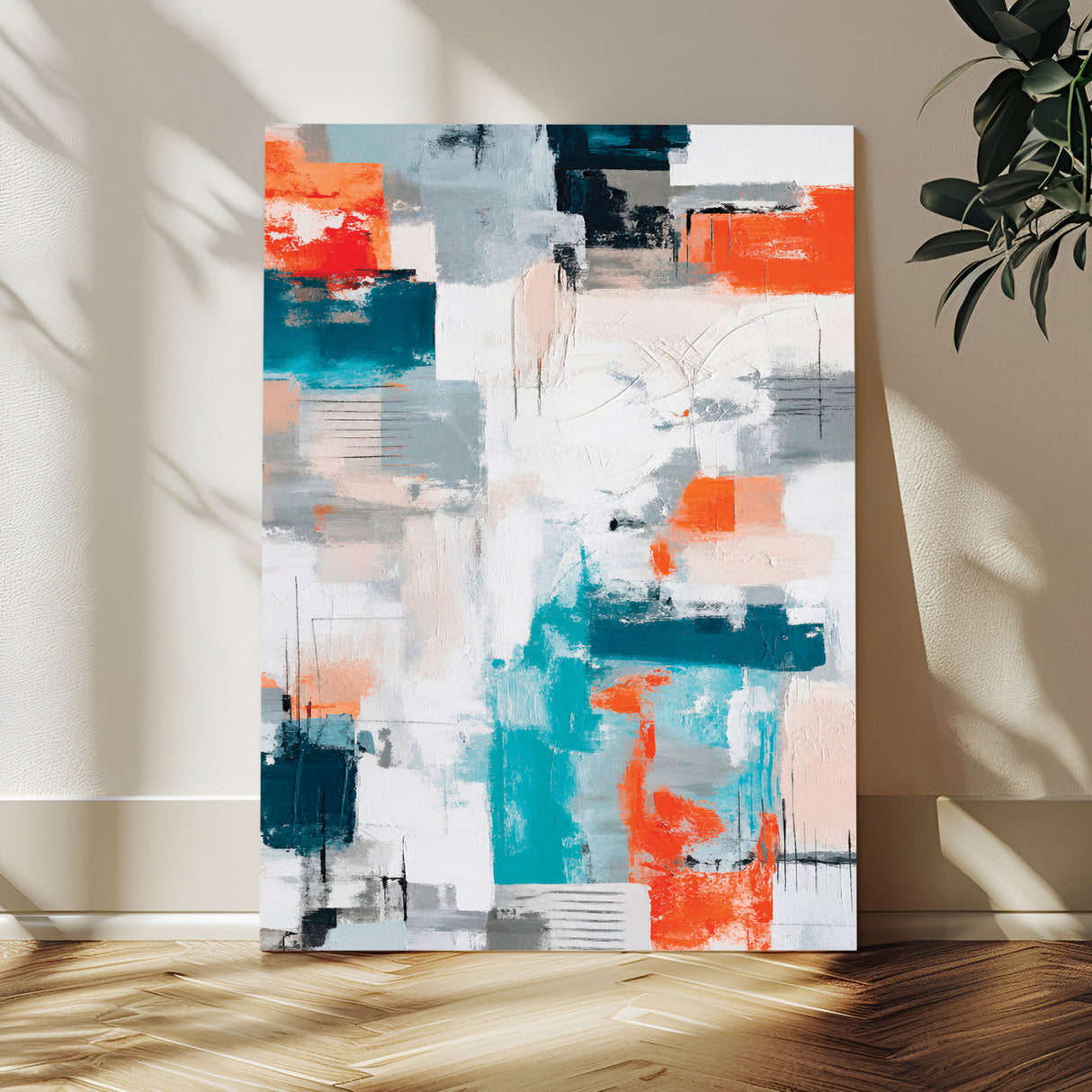 Blue Teal Abstract Canvas Wall Art, Modern Textured Painting Print, Navy Orange White Contemporary Art, Neutral Living Room Decor, Office Art