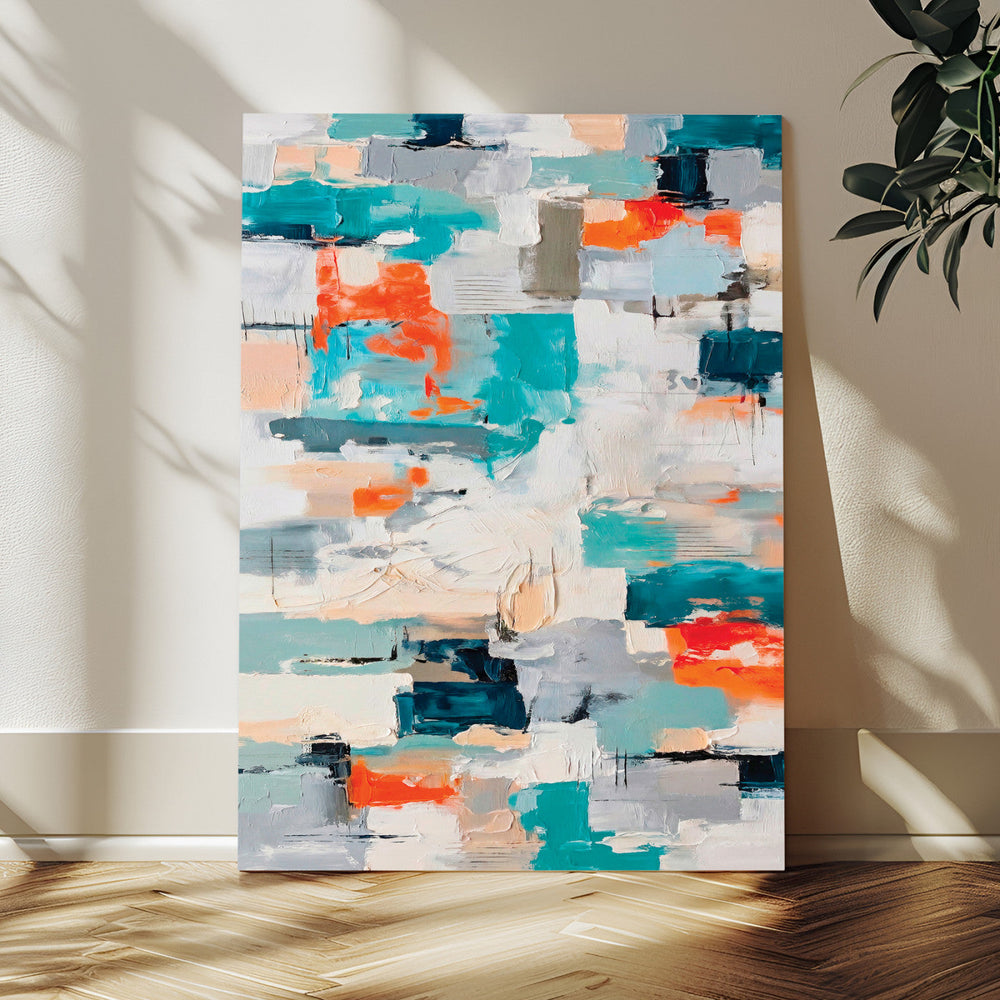 Blue Teal Abstract Canvas Wall Art, Modern Textured Painting Print, Navy Orange White Contemporary Art, Neutral Living Room Decor, Office Art