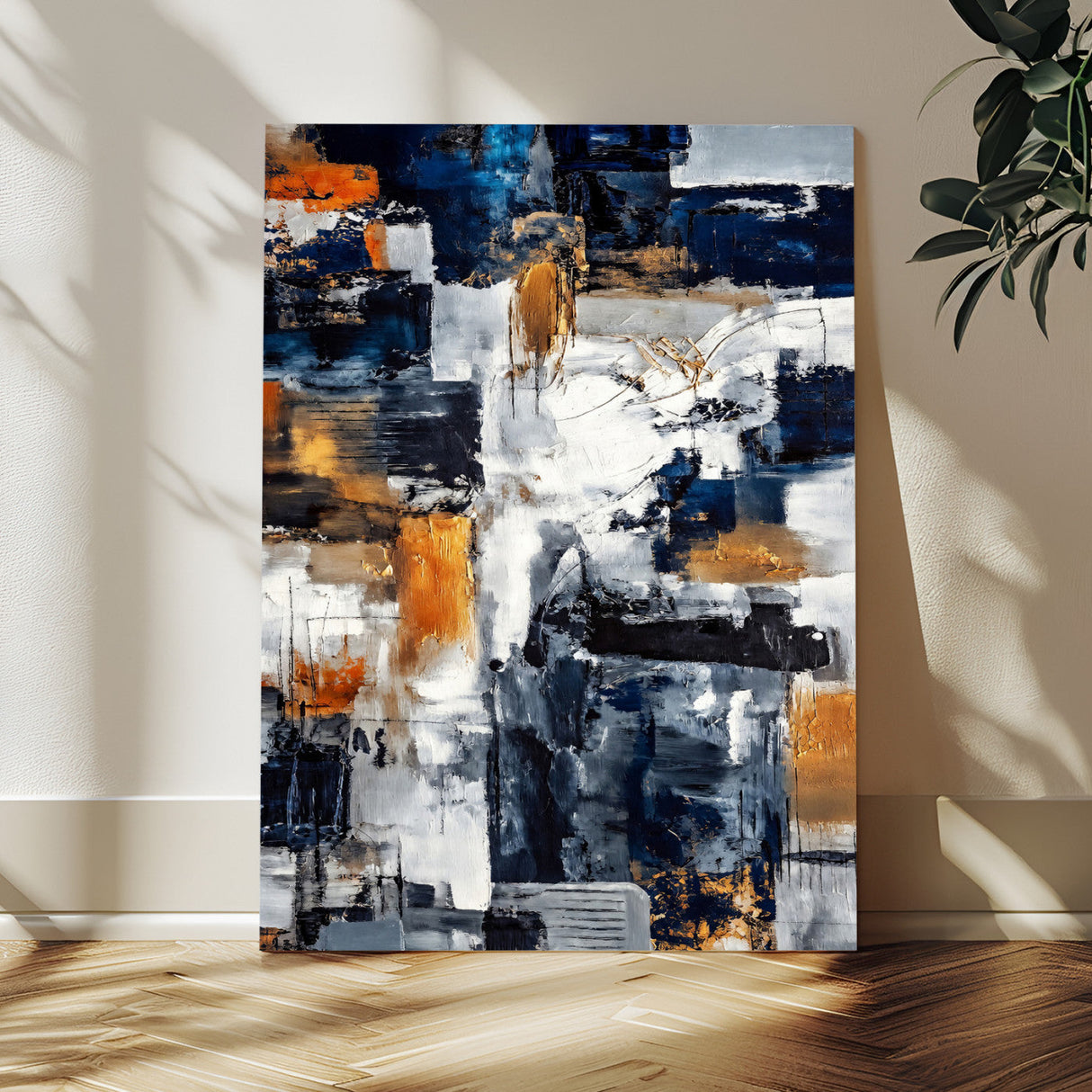Blue Teal Abstract Canvas Wall Art, Modern Textured Painting Print, Navy Orange White Contemporary Art, Neutral Living Room Decor, Office Art