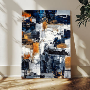 Blue Teal Abstract Canvas Wall Art, Modern Textured Painting Print, Navy Orange White Contemporary Art, Neutral Living Room Decor, Office Art
