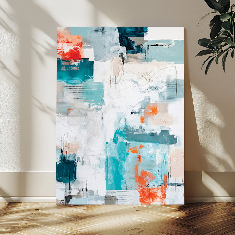 Blue Teal Abstract Canvas Wall Art, Modern Textured Painting Print, Navy Orange White Contemporary Art, Neutral Living Room Decor, Office Art