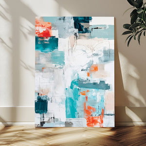 Blue Teal Abstract Canvas Wall Art, Modern Textured Painting Print, Navy Orange White Contemporary Art, Neutral Living Room Decor, Office Art