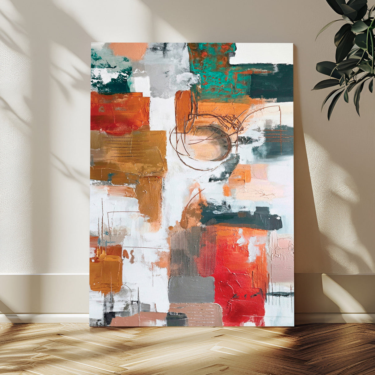 Blue Teal Abstract Canvas Wall Art, Modern Textured Painting Print, Navy Orange White Contemporary Art, Neutral Living Room Decor, Office Art