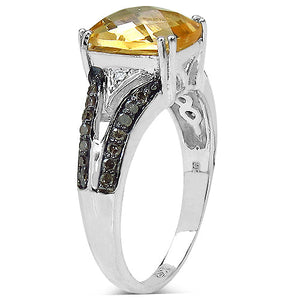 2.82 Carat Genuine Citrine, Champagne Diamond & White Diamond .925 Sterling Silver Ring