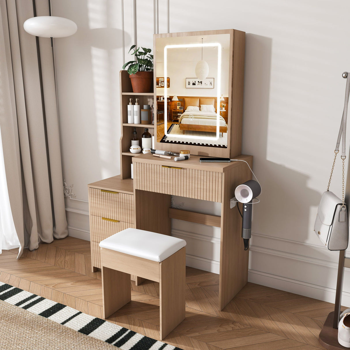 Modern Vanity Desk With 3 LED Lighting Modes, 4 Drawers