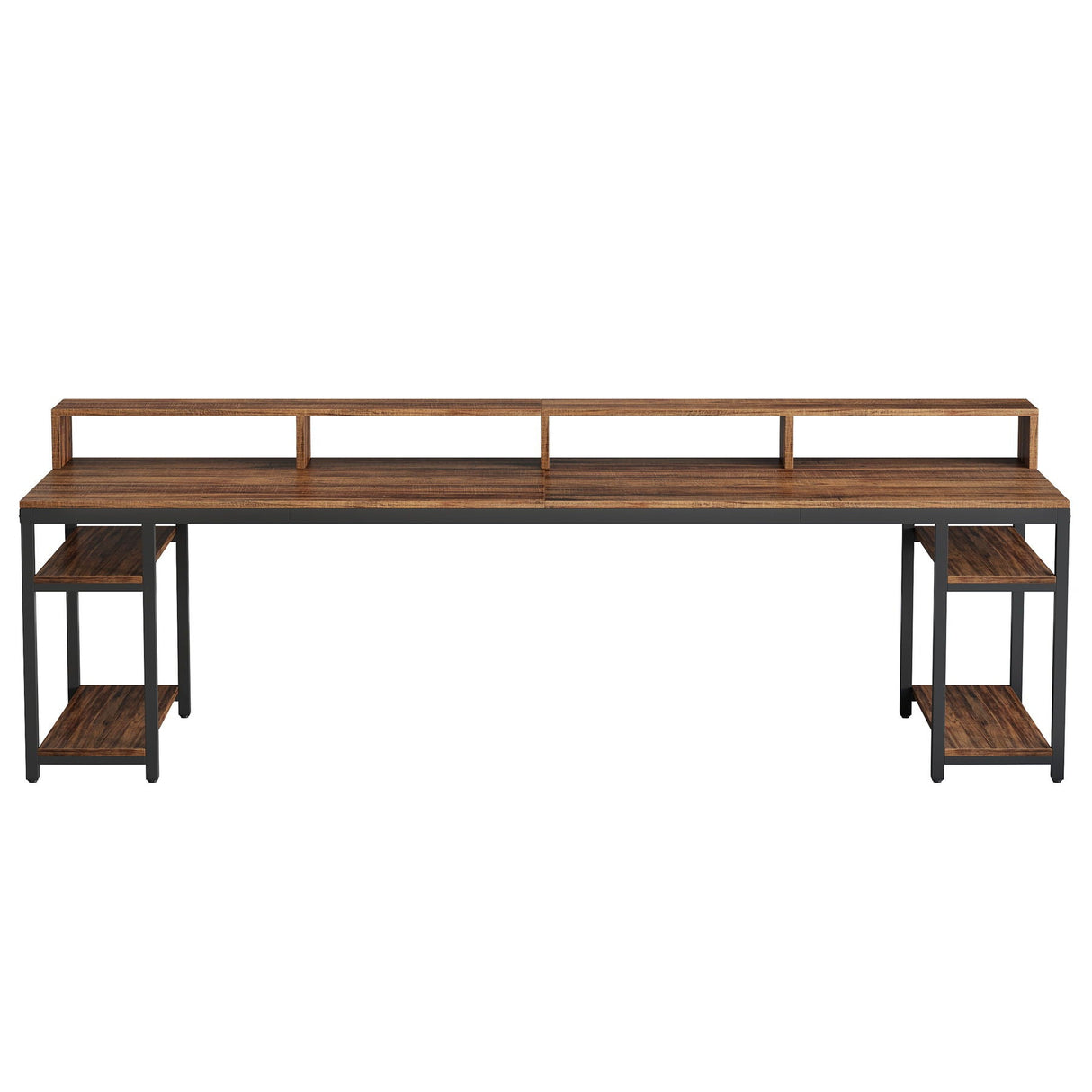 2 Person Desk With Monitor Stand, Long Office Workstation With Dual Storage Shelves And Frame - Brown / Black