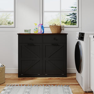 Double Tilt Out Trash Cabinet With Hideaway Drawer And Barn Door Style
