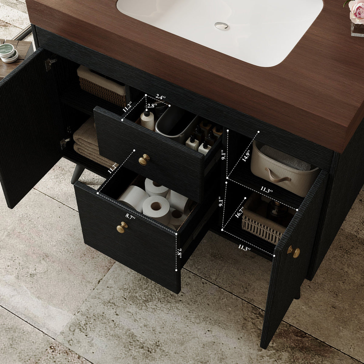 36" Modern Freestanding Bathroom Vanity with Sintered Stone Top, Ceramic Sink & Smart Storage