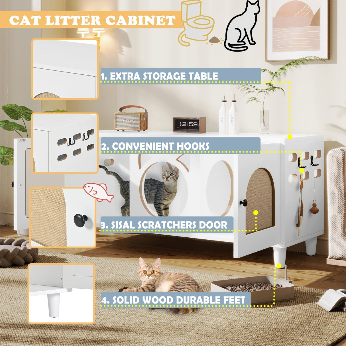 Furniture Style Cat Cabinet Cream White Cat Litter Box