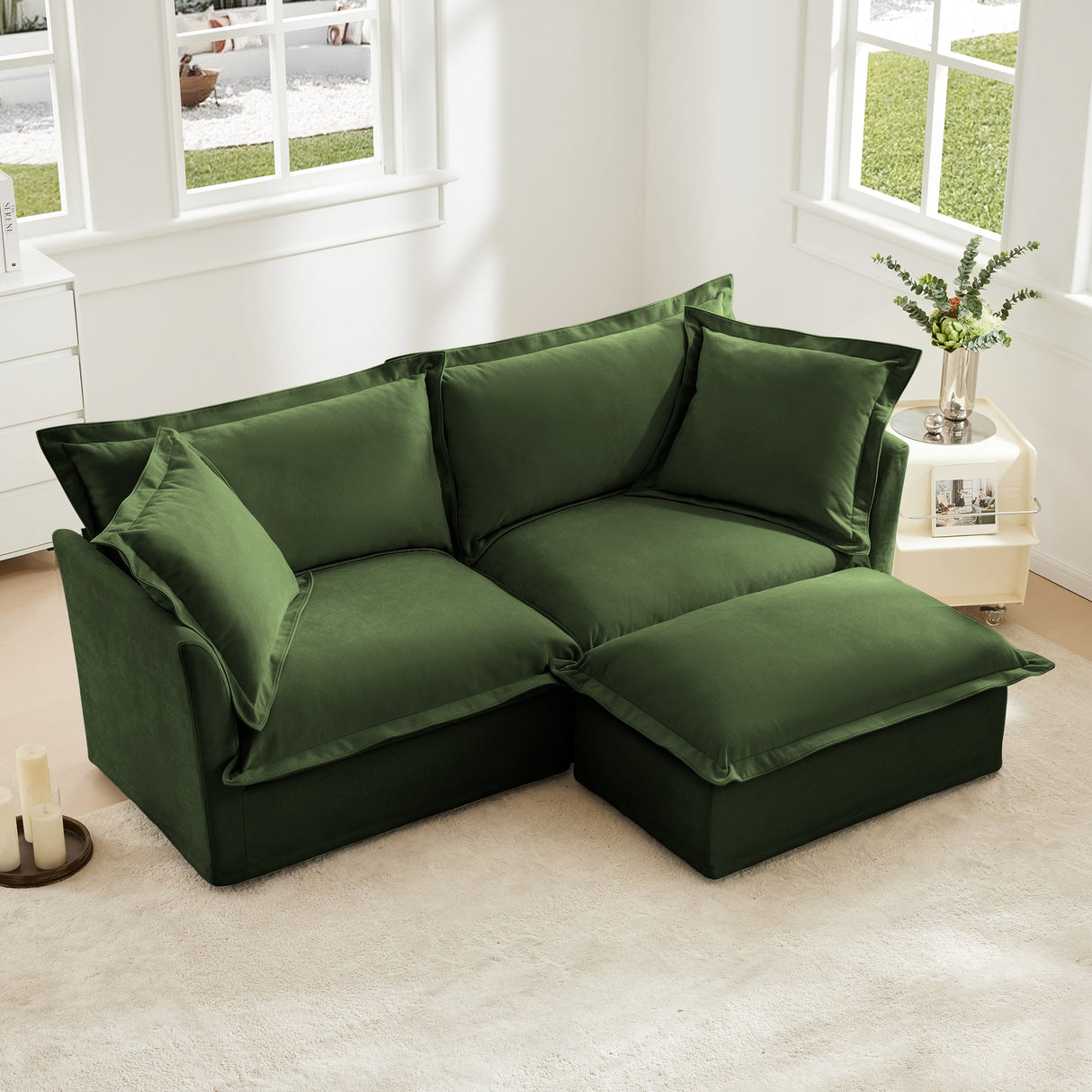 Slipcovered Sectional 2 Seater Sofa Couch with Convertible Ottoman
