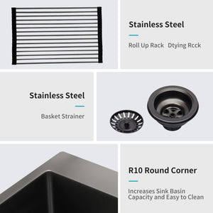 Topmount 16G Stainless Steel Kitchen Sink Deep Single Bowl - Gunmetal Black