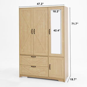 4 Doors Wardrobe Closet with Mirror, LED Lighting & Storage