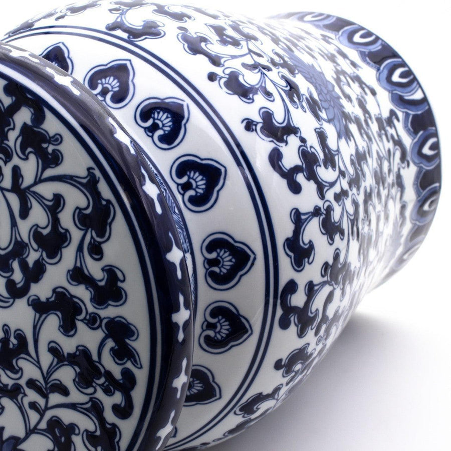 Blue Garden Lotus Porcelain Stool – Hand-Painted Accent Piece 16"