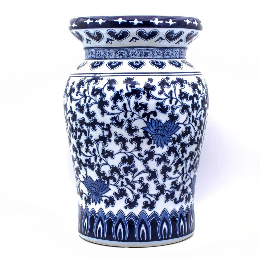 Blue Garden Lotus Porcelain Stool – Hand-Painted Accent Piece 16"