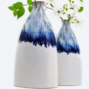Fusion Collection Large 11" Oblong Bottle Vase – Deep Blue Dripping Glaze