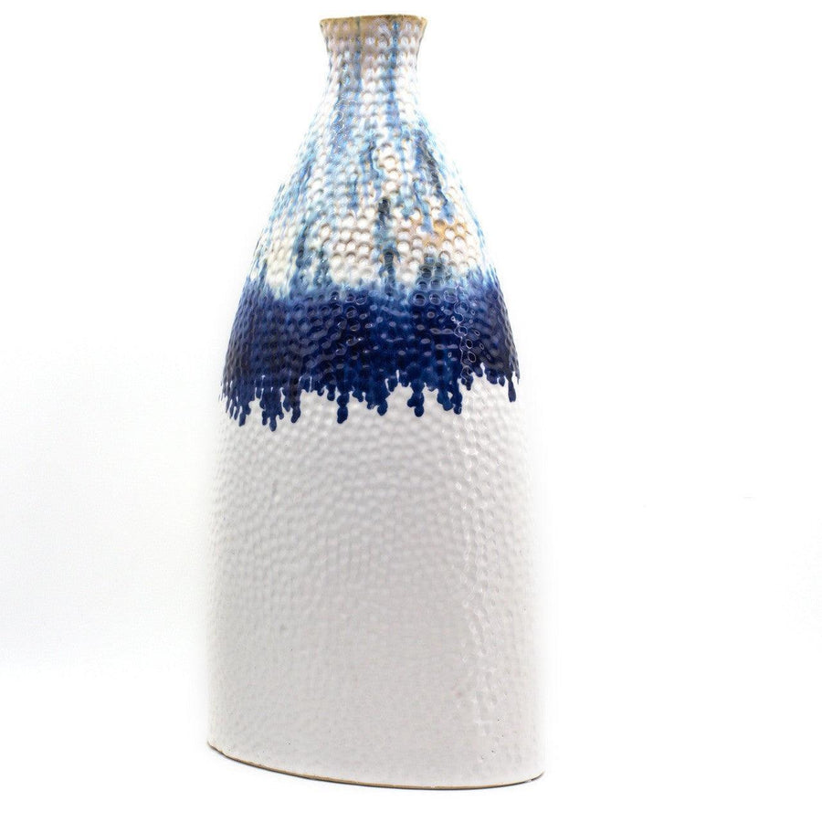 Fusion Collection Large 11" Oblong Bottle Vase – Deep Blue Dripping Glaze