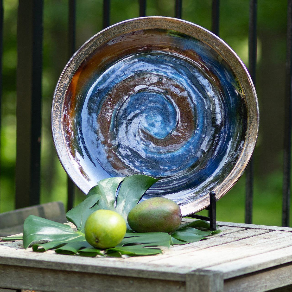 Patina stormy skies swirled plate with stand