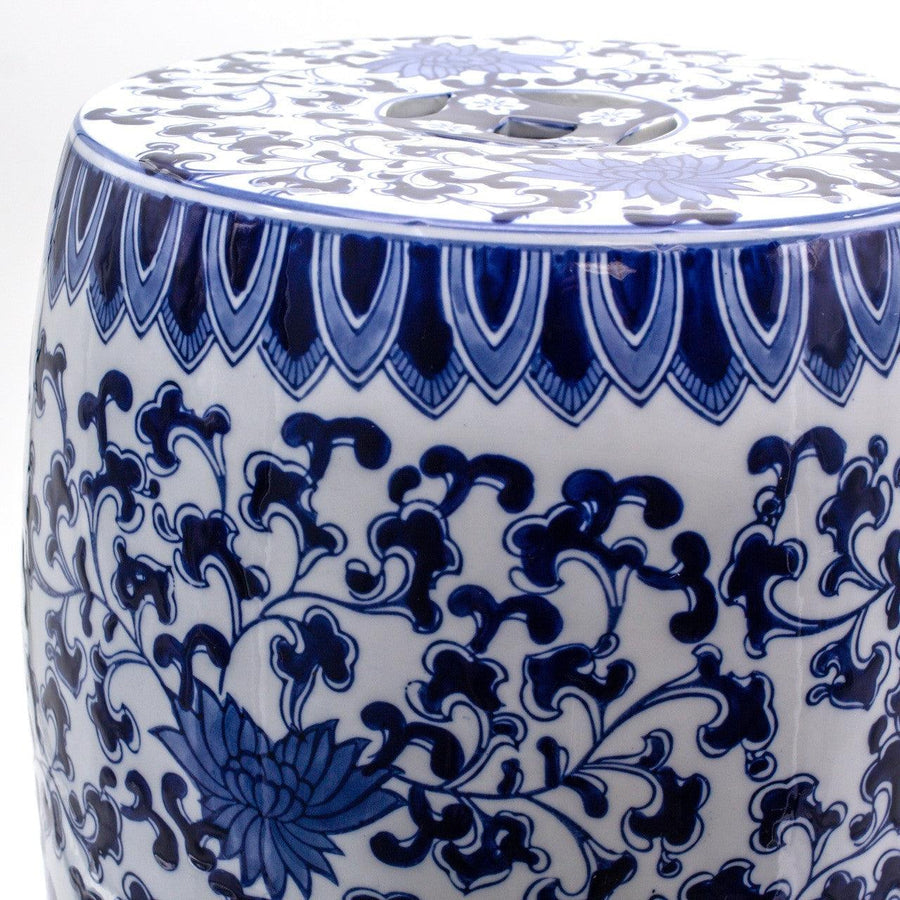 Blue Garden Lotus Porcelain Podium Stool – Hand-Painted Accent Table or Seat