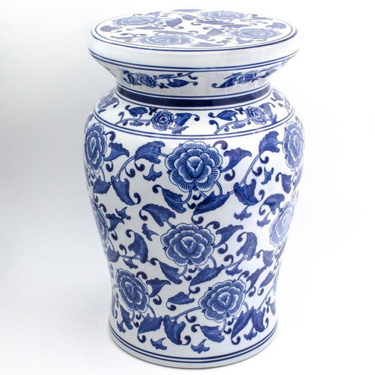 Blue-Garden-Begonia-Porcelain-Stool-–-Hand-Painted-Indoor/Outdoor-Accent-Outdoor-Tables