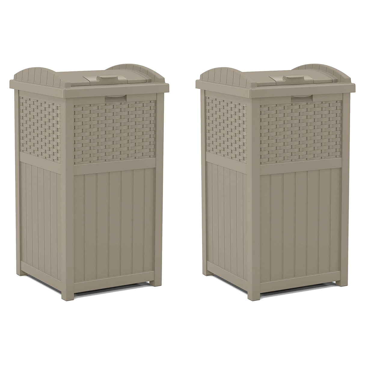 Suncast Wicker Plastic Hideaway Trash Can With Latching Lid, Dark Taupe (2 Pack)