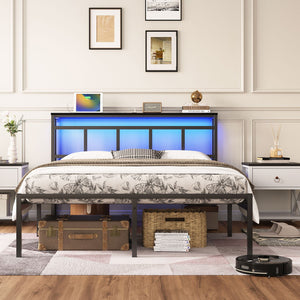 Bed Frame With Storage Headboard With USB C, Type C And LED Light