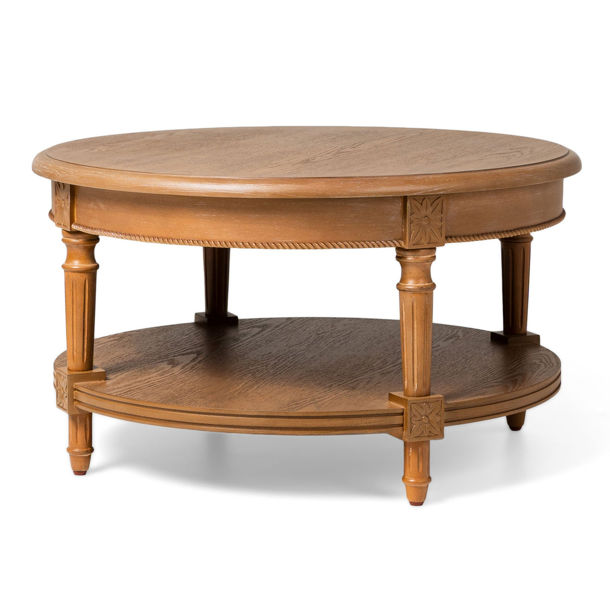 Maven Lane Pullman Traditional Round Wooden Coffee Table, Antique Natural Finish