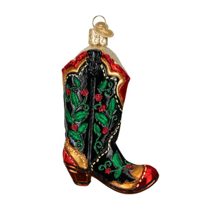 Holly Berry Cowboy Boot Glass Christmas Ornament