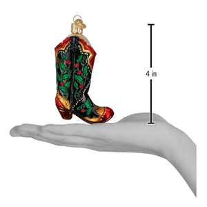 Holly Berry Cowboy Boot Glass Christmas Ornament