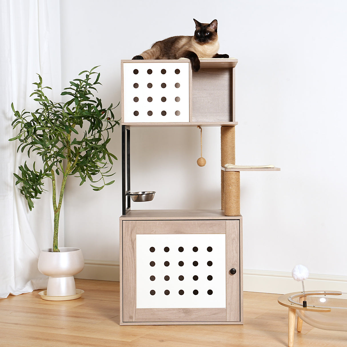 Cat Tree with Litter Box Enclosure, All-in-one Cat Tower for Indoor Cats with Large Hammock