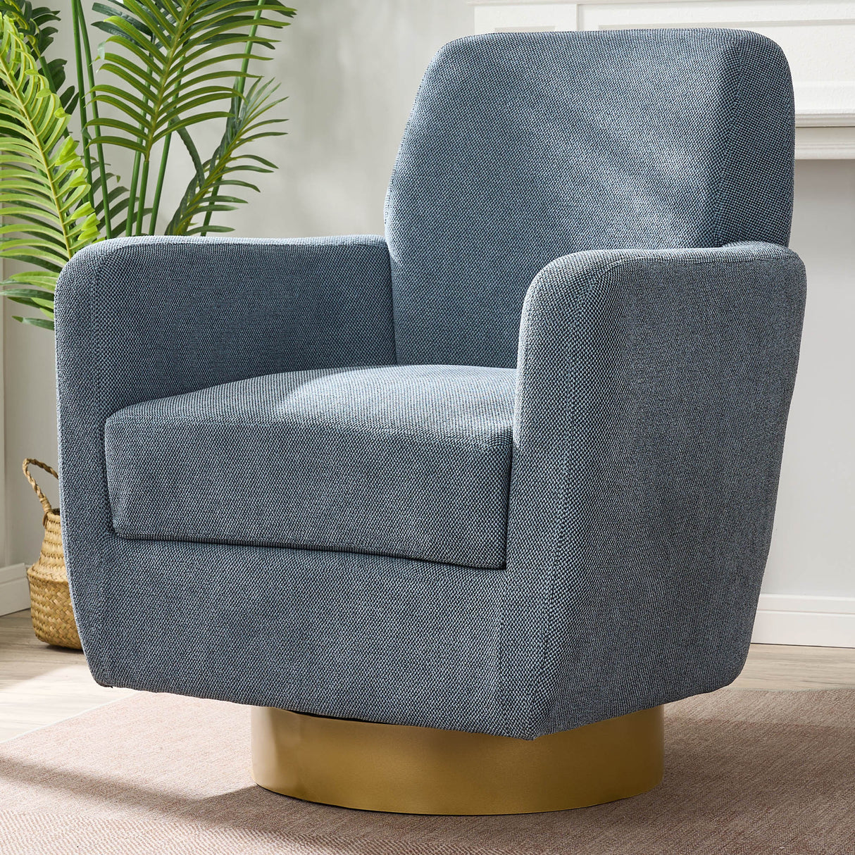 Modern Blue Swivel Barrel Chair – Cotton Linen Upholstery, 360° Rotation