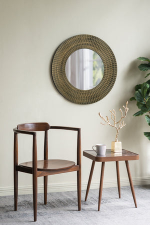 Round Gold and Black Wooden Accent Mirror with Woven Texture - 29.5"