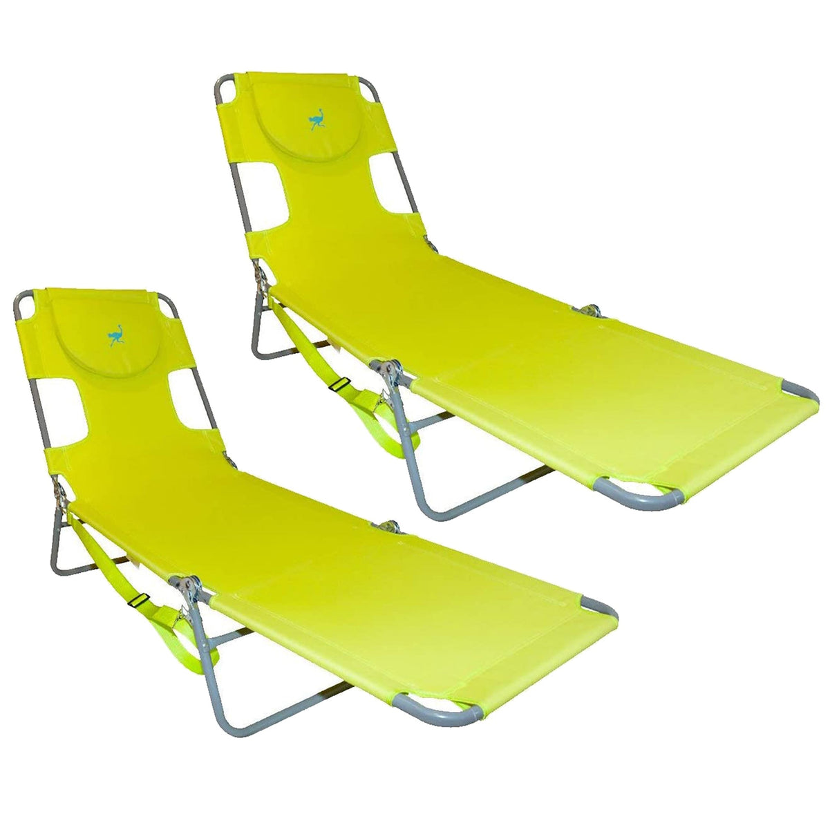 Ostrich Chaise Lounge Foldable Sunbathing Beach Lawn Chair, Neon Green (2 Pack)