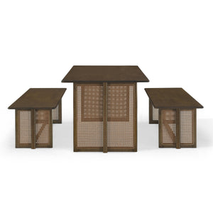 Walnut-Colored Rubber Wood Dining Set with Plastic Rattan