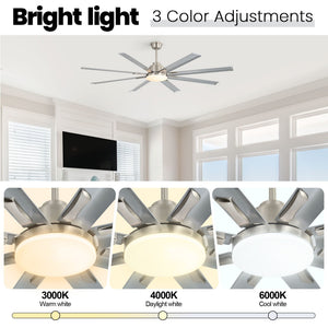 DC Motor Ceiling Fan With Dimmable Light And 8 Blade Aluminum Blades - Nickel