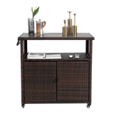 Outdoor Wicker Bar Cart with Glass Top and Wheels - Light Brown