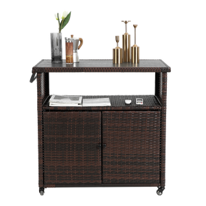 Outdoor Wicker Bar Cart with Glass Top and Wheels - Light Brown