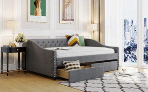 Upholstered Daybed With Two Drawers, Wood Slat Support