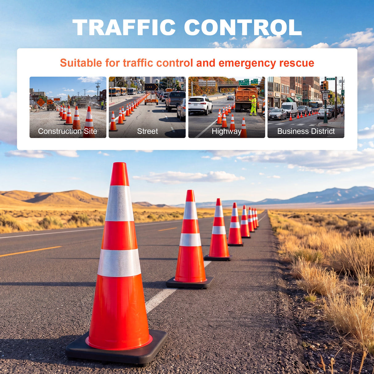 36" Heavy-Duty Traffic Cones with High-Visibility Reflective Collars - 4 Pack