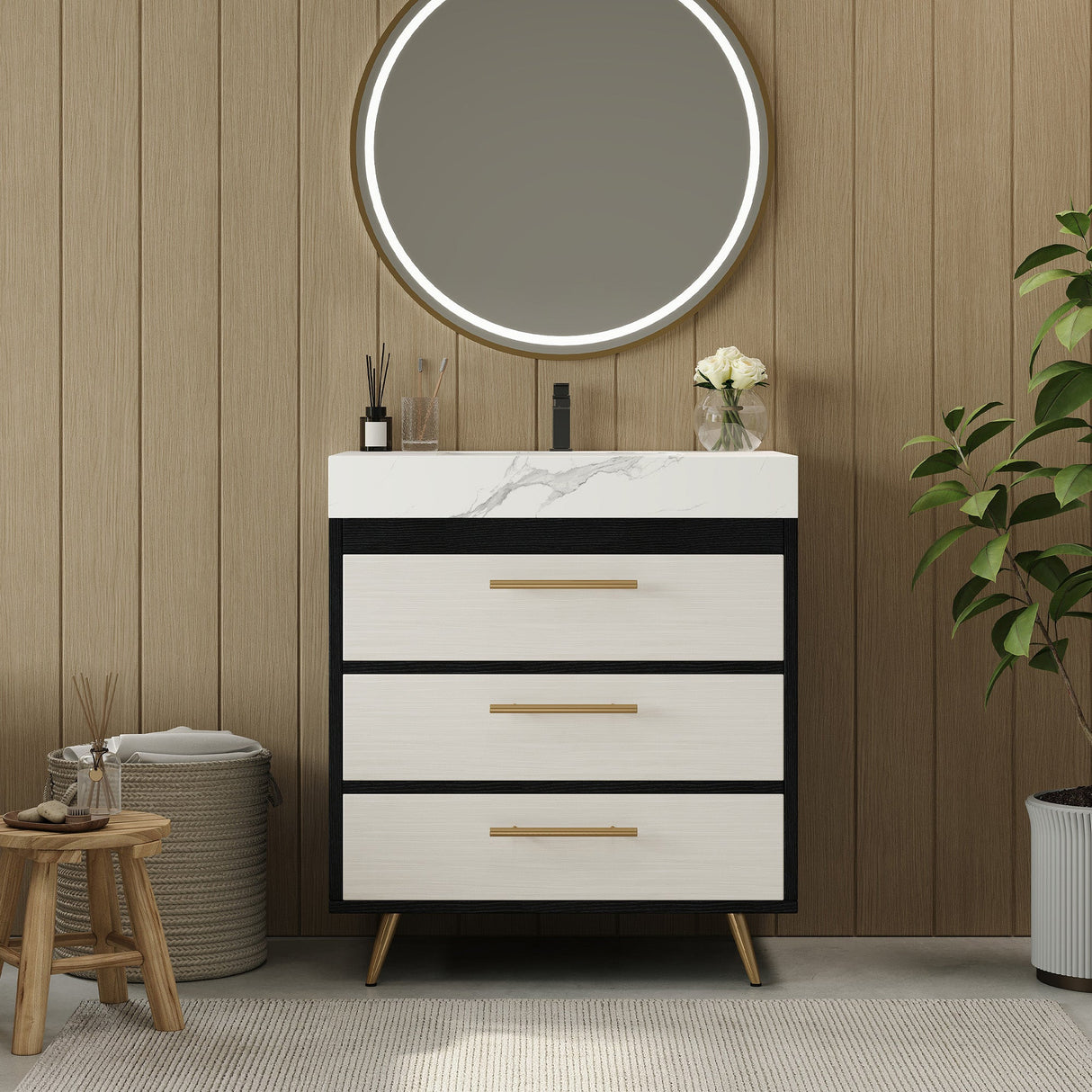 Modern Free-Standing Bathroom Vanity with Ceramic Vessel Sink & Durable Sintered Stone Top