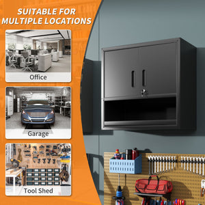 Wall-Mounted Storage Cabinet With Locking Door, 1 Shelf And Open Drawer - Black