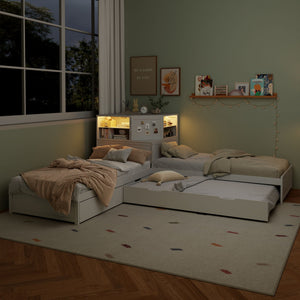 L-Shaped Bed Frame With Trundle, Built In Desk & LED Lighting