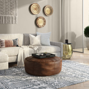 Connor 34" Round Coffee Table Pouf - Distressed Brown