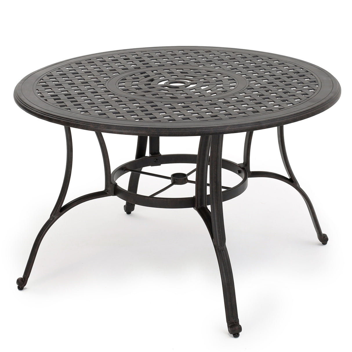 Outdoor cast aluminum circular dining table, bronze