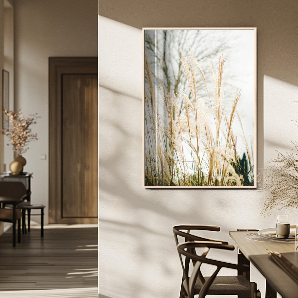 Pampas Grass Wall Art Canvas Print – Framed Neutral Tones